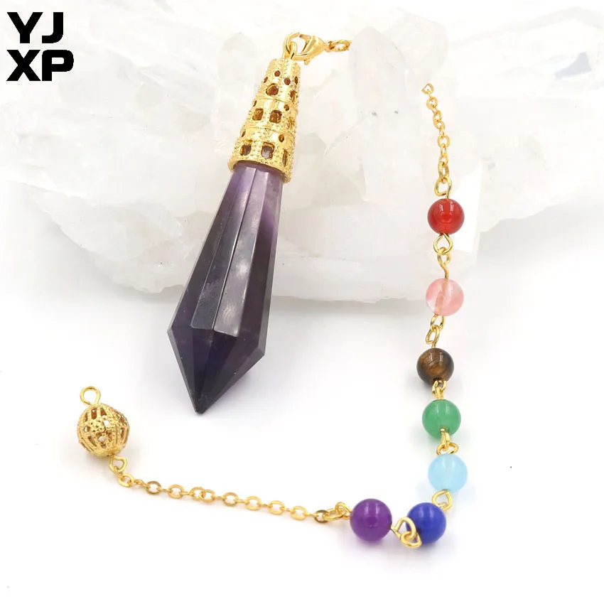 Amethysts YJXP 12-Гранный шестиугольный конус маятник 7 Чакра цепь Подвеска в виде пули приданое divination рейки заживление балансировки ювелирные изделия 1 шт - Окраска металла: Amethysts