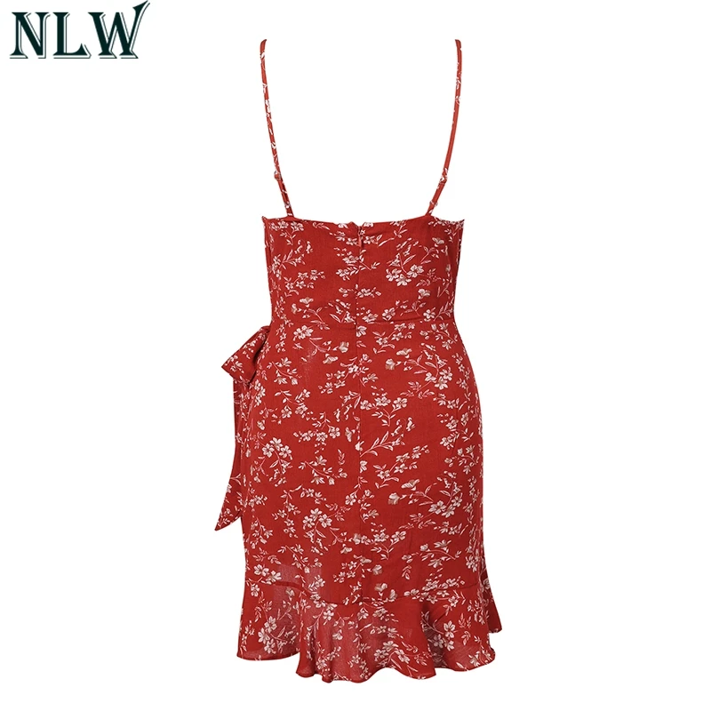 NLW Boho печати Мини Летнее платье Спагетти ремень с открытой спиной обертывание 2019