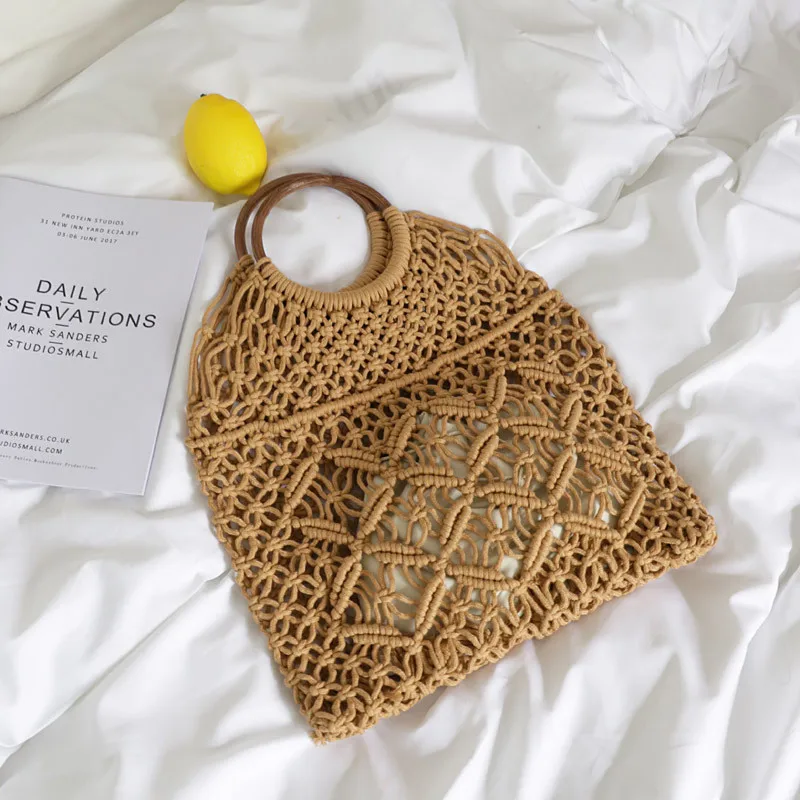 Popula хлопковая веревка полый соломенный мешок Sheer Macrame Tote богемский Сверхлегкий