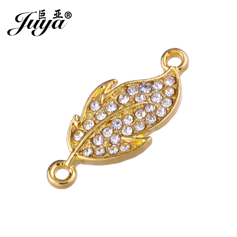 

JUYA 11x25mm Micro Pave Leaf Shapes Alloy Rhinestones Golden Fashion Connector for Jewelry Making DIY Accessories CR0013