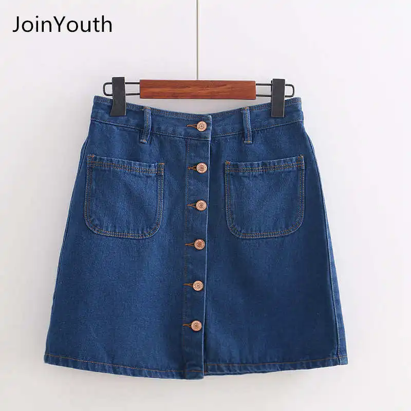 JoinYouth Женская модная джинсовая синяя однобортная юбка весенне летняя