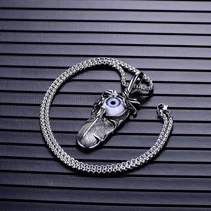 ZFVB Punk Feather Eye Necklaces Men's 316L Stainless Steel Vintage Silver color Leaf Necklace Pendants Statement Jewelry Bijoux |