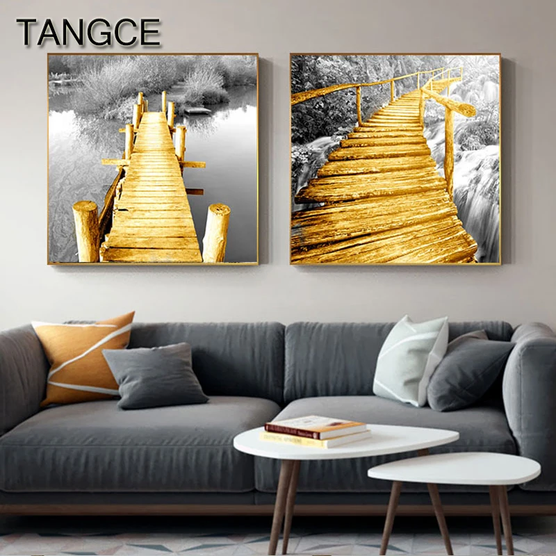 Абстрактный Золотой Желтый мост холст промышленный плакат и принт для гостиной