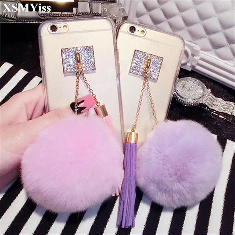 

Luxury Cute Rabbit Hairball Tassel Pendant Soft Clear Phone Case For Xiaomi Redmi5 7 8 9 6A 7A 8A 9A 9C Note 5 6 7 8 9 Pro 8T 9T