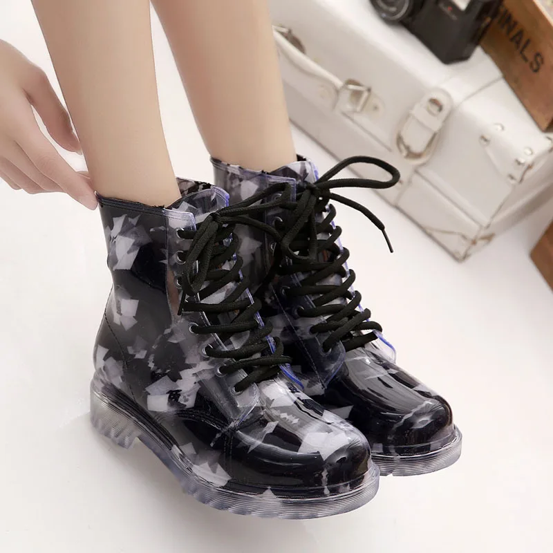 Black camouflage Водонепроницаемые женские сапоги прозрачные резиновые сапоги для дождя высокой подошве нескользящая подошва-устойчивый к дождю дождь сапоги Карамельный цвет резиновые сапоги - Цвет: Black camouflage