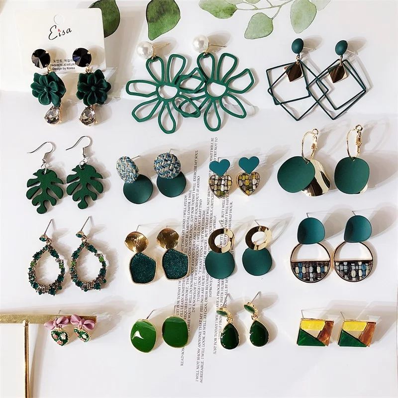 2019 Korean fashion geometric heart acrylic temperament green fresh round flower leaves long dangle earrings for women jewelry | Украшения