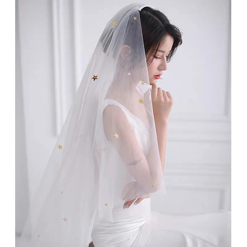 Ins свадебная фата с короткими аппликацией в виде Золотой Звезды Сияющие Блестки