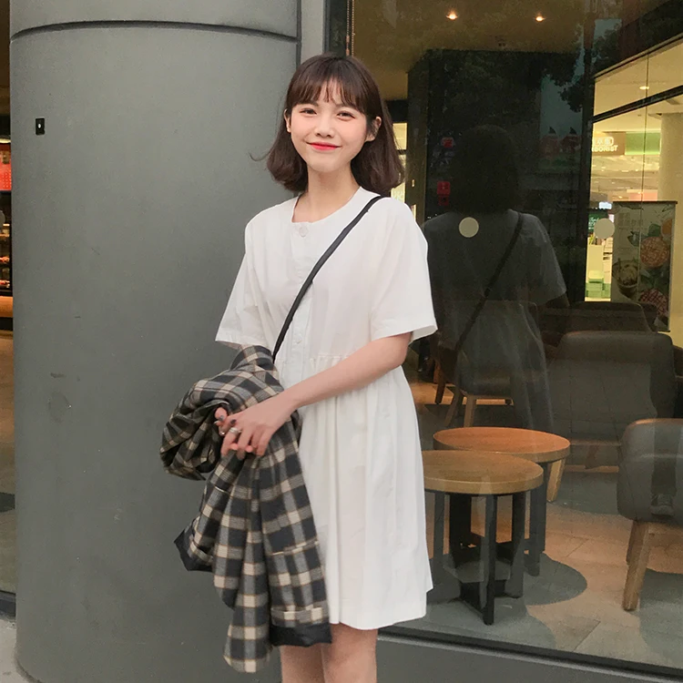 Летнее платье 2019 женское однотонное мини с круглым вырезом и коротким рукавом s