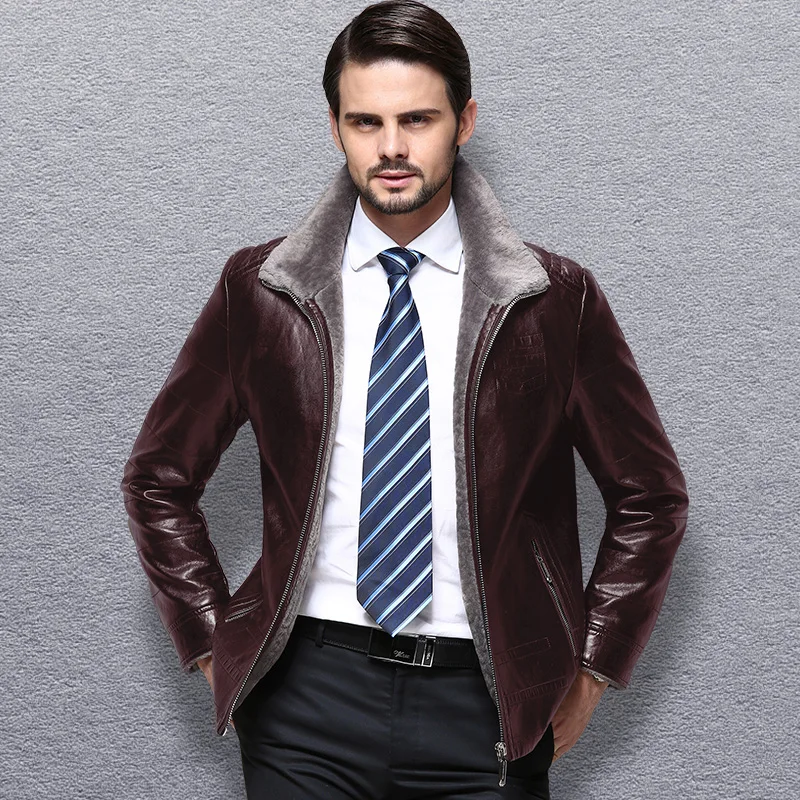 

M- 3XL!! 2018 winter genuine leather motorcycle clothing male one piece fur outerwear plus velvet thickening turn-down col