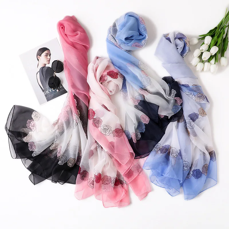 Женский шёлковый шарф в горошек с цепочкой и цветами | Аксессуары для одежды