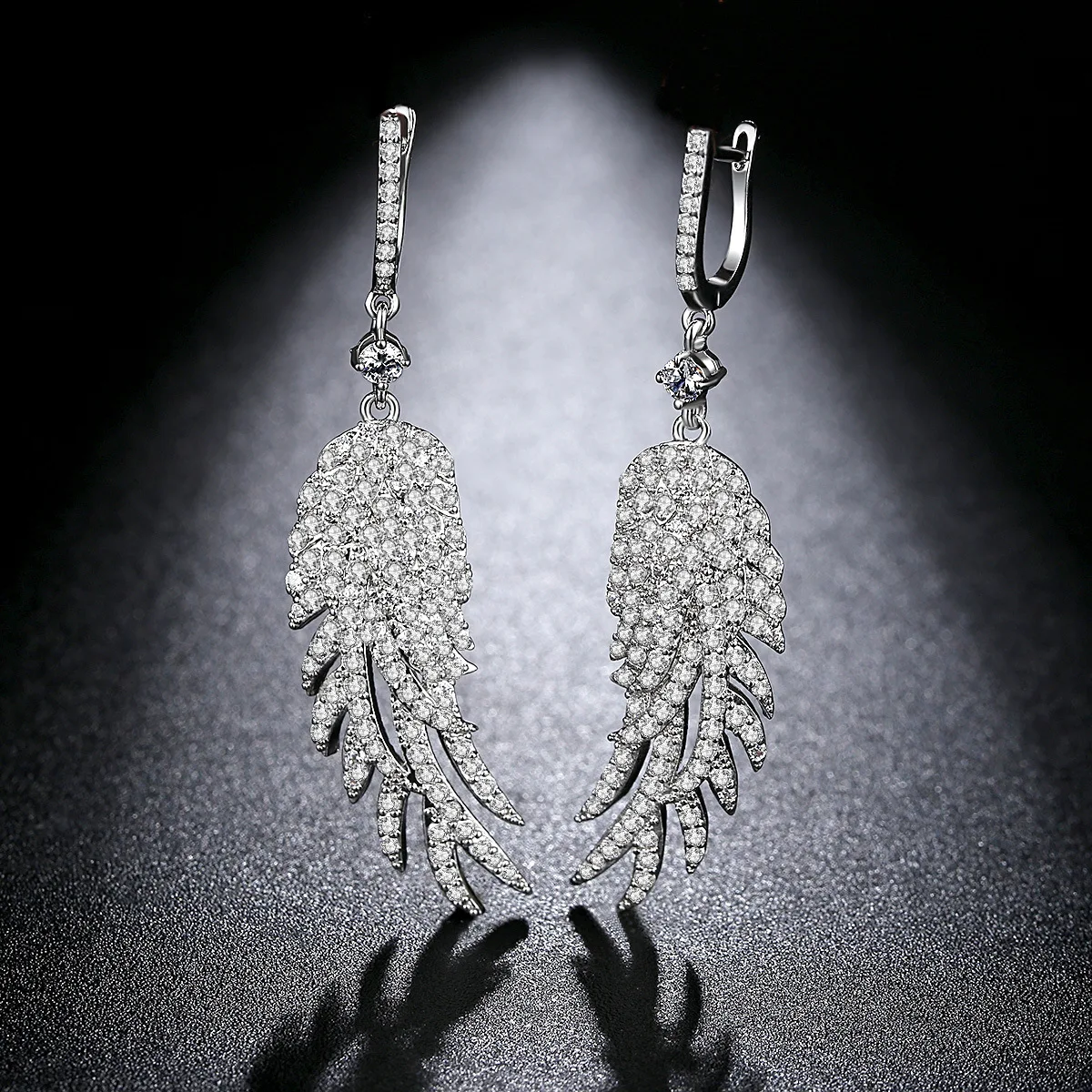 2019 Elegant Evening Dinner Party Jewelry Full Cubic Zirconia Silver Long Feather Dangle Earrings For Women Wedding | Украшения и