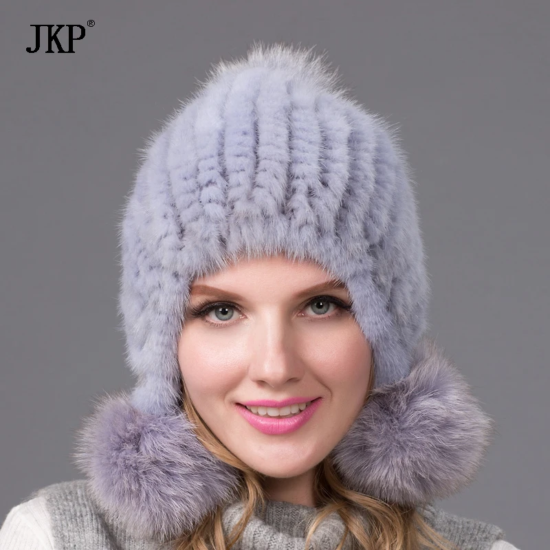 Меховая шапка из натуральной норки с помпоном лисьего меха ушанка для защиты