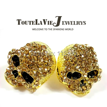 Женские серьги гвоздики с черепами FishSheep камнями золотого цвета в стиле панк