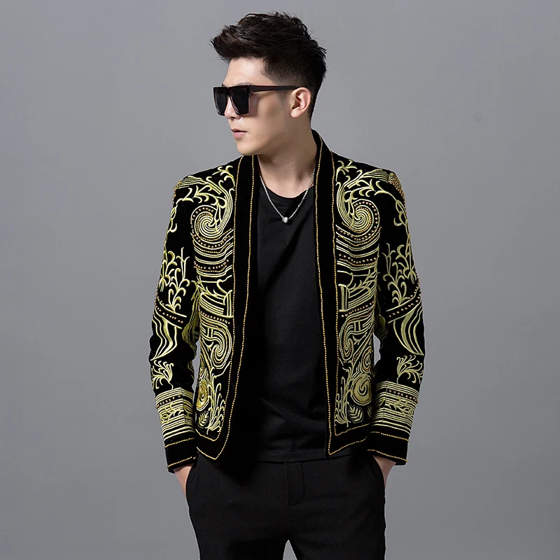 Luxury Baroque Color Block Blazer Men Heavy Wormnanship Embroider And Beads Stage Costumes For Singer DJ Party Club Outfit | Мужская