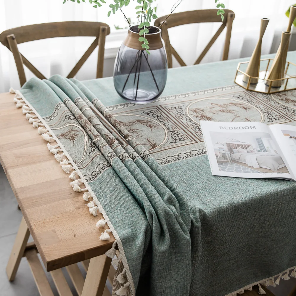 

Роскошная вышитая скатерть из высококачественного льна и хлопка, рельефная картина с кисточками, скатерть для обеденного стола, домашний С...