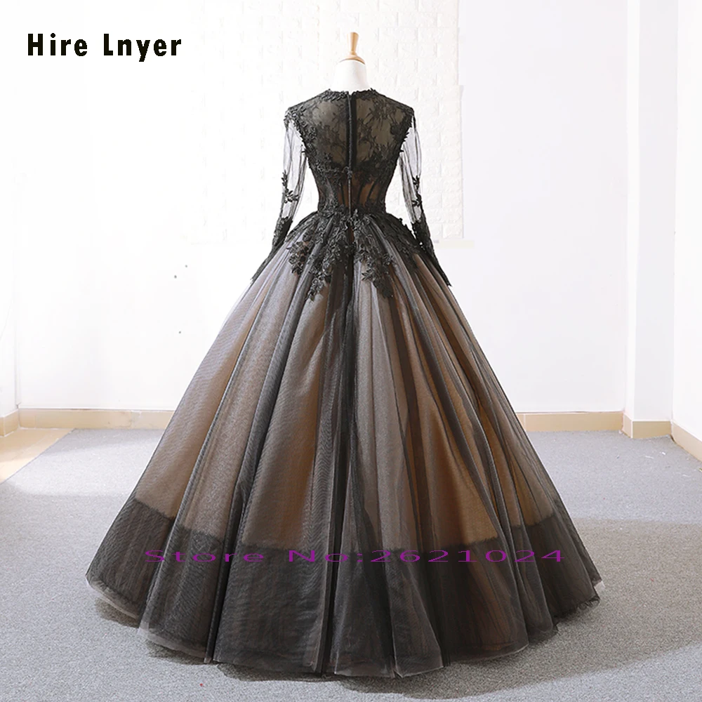 HIRE LNYER China New Arrive Long Sleeve O-neck Zipper Up Appliques Lace Illusion Black Ball Gown Wedding Dress Plus Size Mariage | Свадьбы и