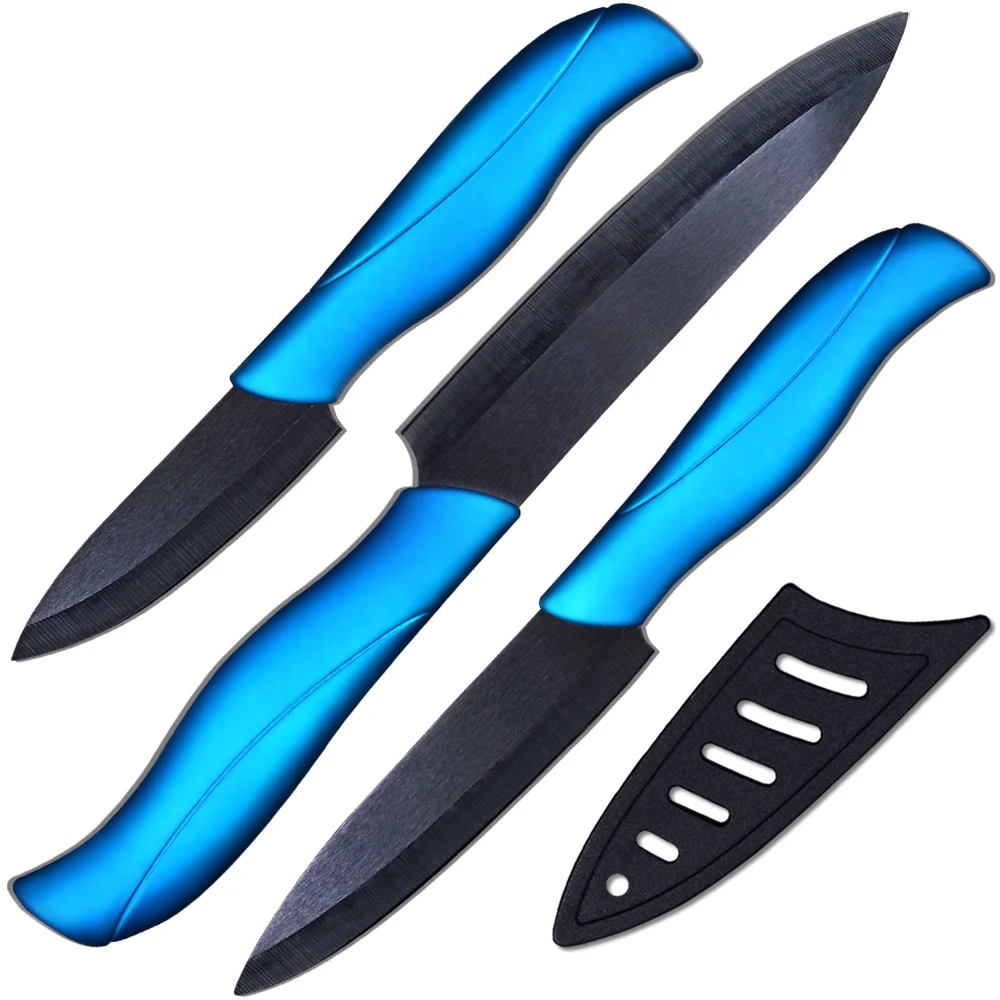 New ceramic knife 3 inch paring 4 inch utility 5 inch slicing knife with black blade+blue handle kitchen knives three-piece set