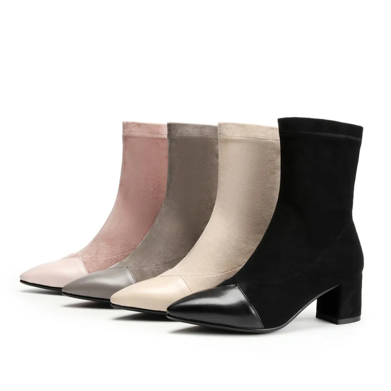 

Smirnova 2018 NEW HOT fashion pointed toe ankle boots with zipper elegant women square high heels genuine leather boots
