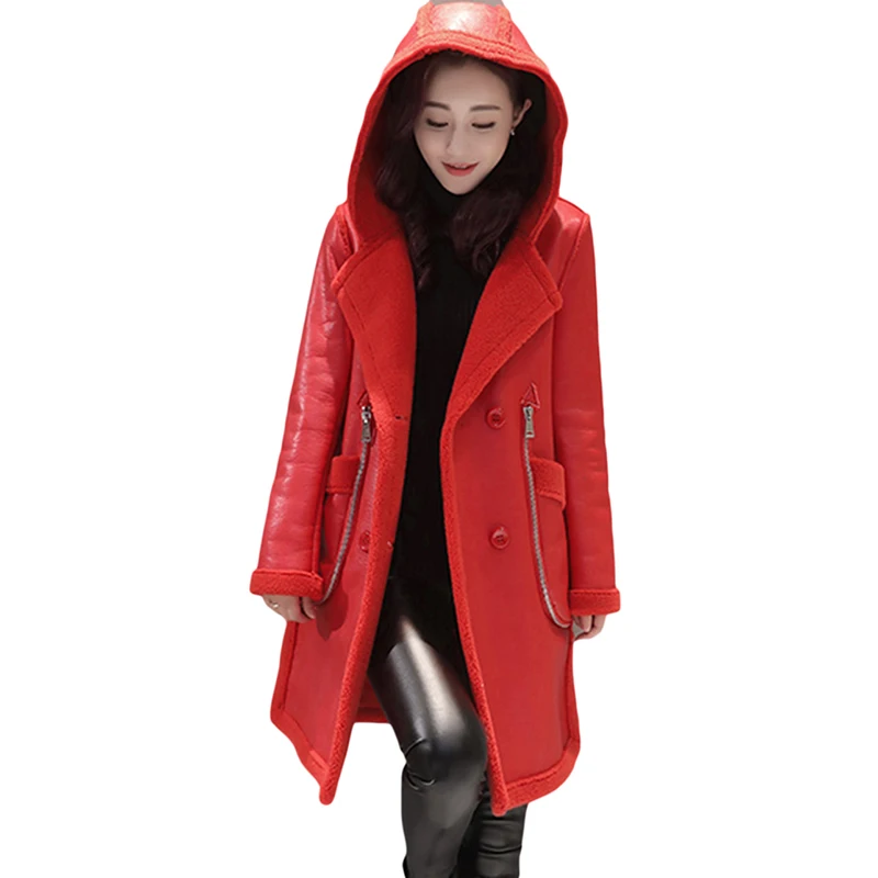 

New Lagr Size Women Outwear Winter Leather Jacket Plus Velvet Thick Warm Overcoat Hooded Wool Liner Sheep Leather Coat LJ0628