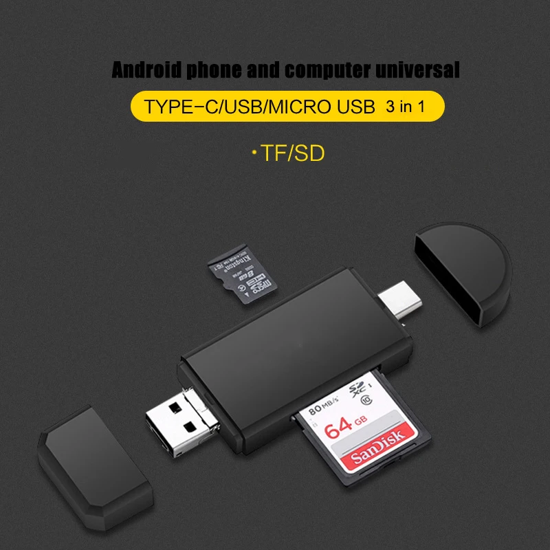 Высокоскоростное устройство для чтения карт OTG Type C & micro USB 3 в 1 USB2.0 универсальное