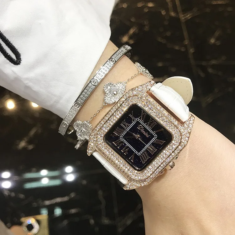 White rose gold case Топ Роскошные полностью бриллиантовые квадратные часы-браслет Женская мода кожаный ремешок Стразы кварцевые часы Новые Элегантные женские часы - Цвет: White rose gold case