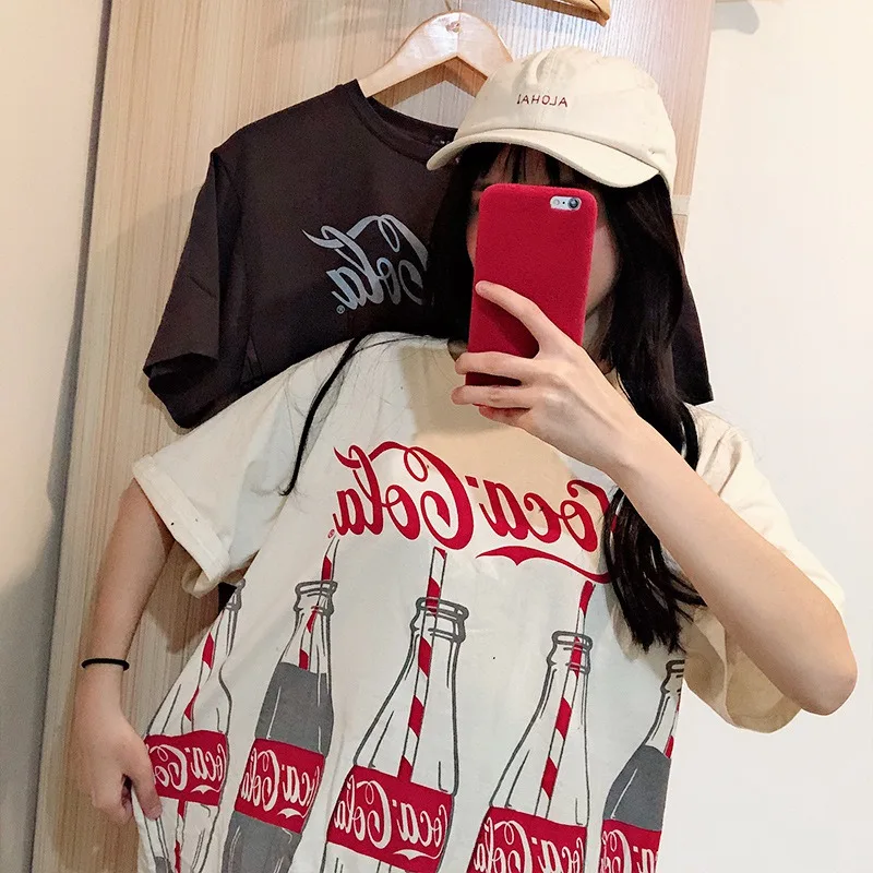 Бежевый Women's Round casual summer tee shirt fashion tshirt hot sales girls cool Neck Cartoon Coke Print Short Sleeve Long T-Shirt - Цвет: Бежевый