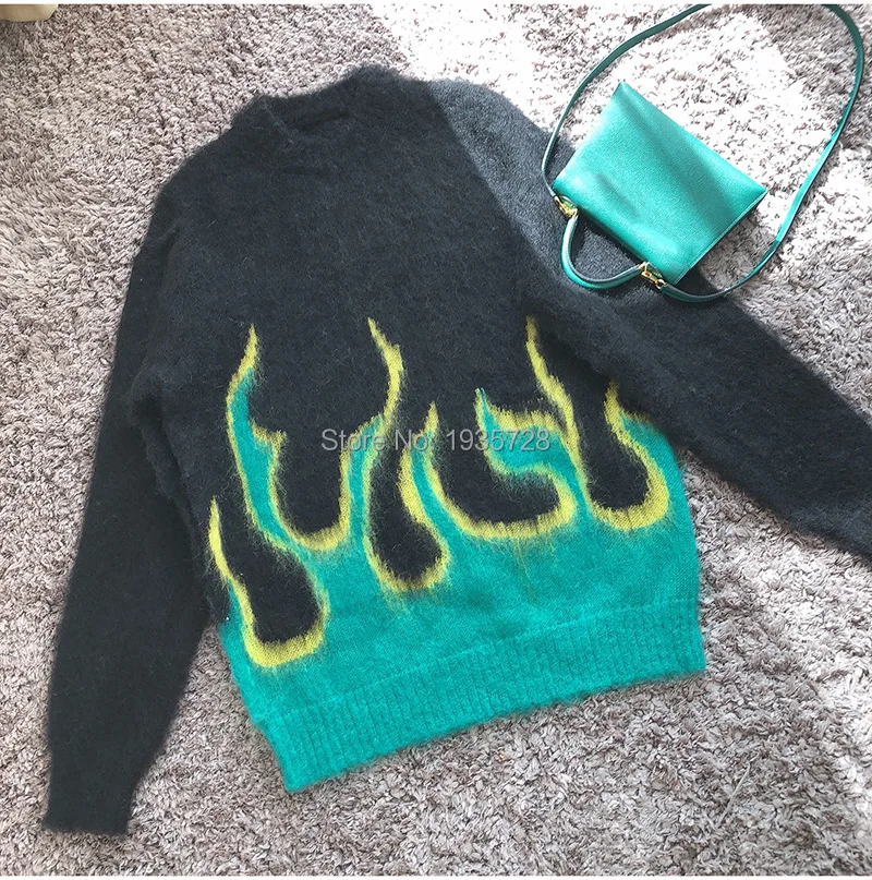 F/W стильный женский черный контраст Зеленый Желтый Пламя пэчворк вязаный пуловер свитер-леди Crewneck тональный сшитый свитер