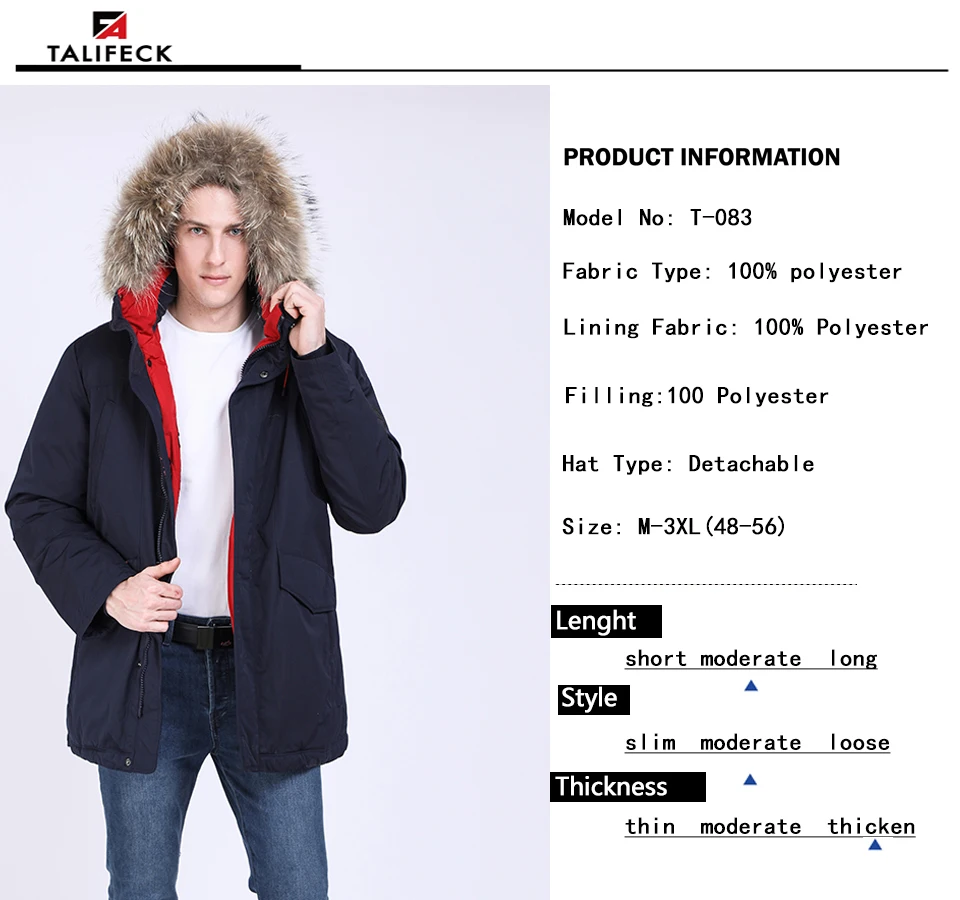 TALIFECK Новое поступление мужские хлопковые толстые парки модная зимняя куртка с воротником из меха енота съемное зимнее пальто с капюшоном