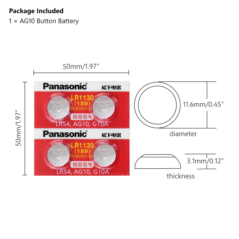 4 шт./лот 1 5 V AG10 Panasonic Батарея сотовый LR1130 Щелочная батарейка кнопка 389 LR54 SR54 SR1130W 189