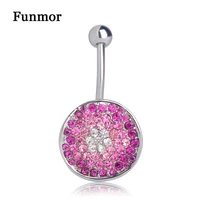 funmor crystal round belly button rings pink color stainless steel navel ring women summer bikini beach body piercing jewelry