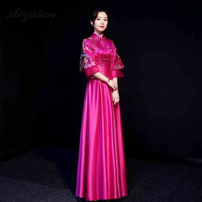 Женское традиционное китайское свадебное платье Qipao Длинное Красное Атласное