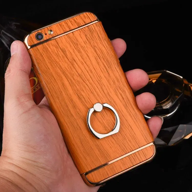 New Luxury Smooth Plating Wood Vein Style Back Cellphone Shell Stand Case Cover with Finger Ring Holder for iPhone 6 6S Plus |