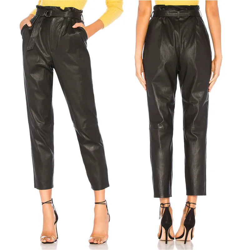 

Women Pu Leather High Waist Stretch Pants With Pockets And Belt 2019 Ladies Black Skinny Trouser Elegant Woman Slim Pencil Pants