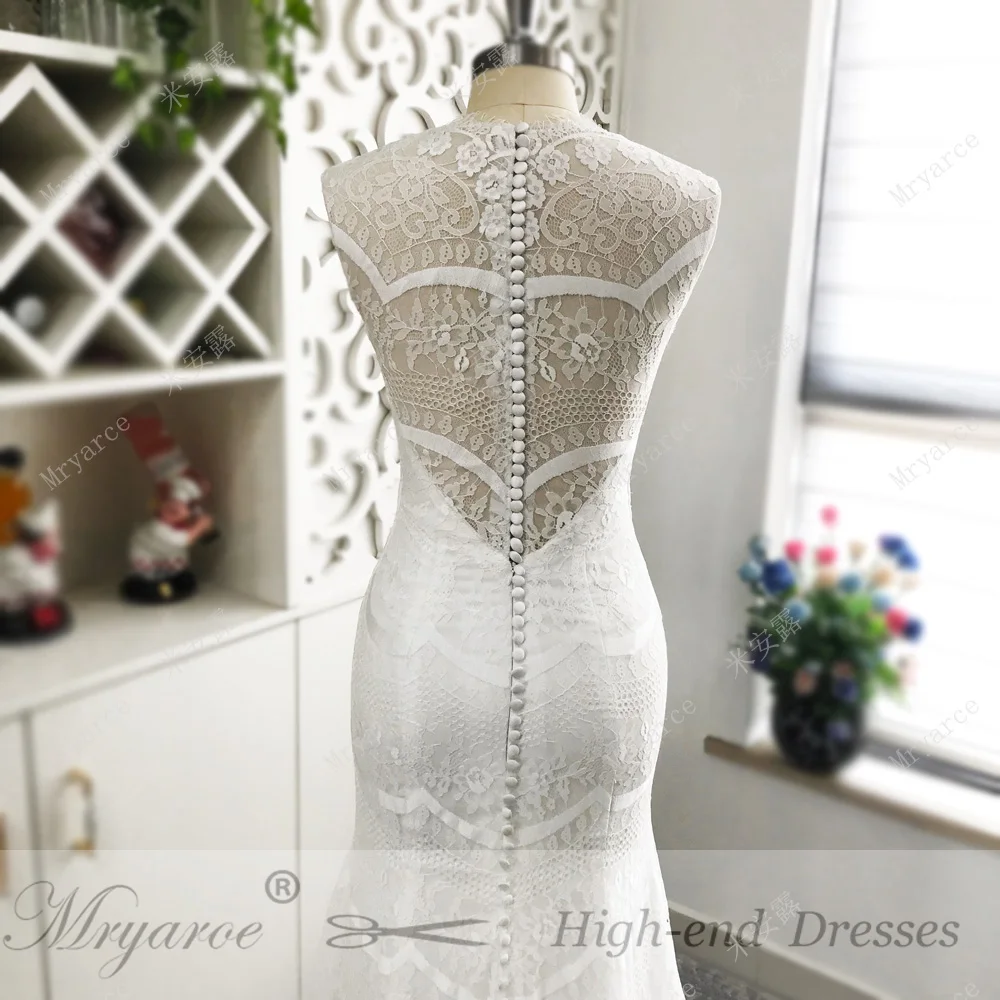 Mryarce,, vestido de noiva, потрясающее кружевное свадебное платье русалки, v-образный вырез, без рукавов, пуговицы на спине, шикарные свадебные платья