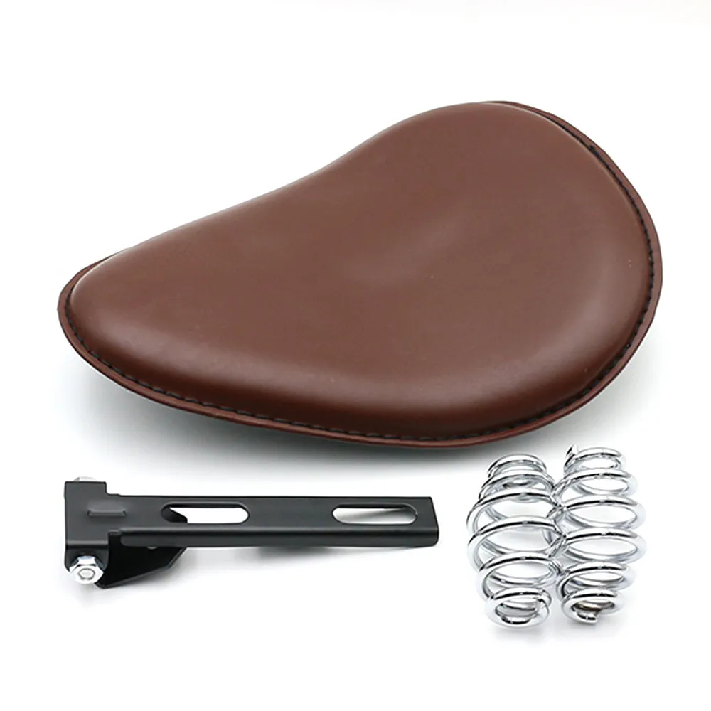

Brown Vintage Motorcycle Leather Solo Seat Cover 3" Spring Bracket For Harley Chopper Bobber Honda Custom