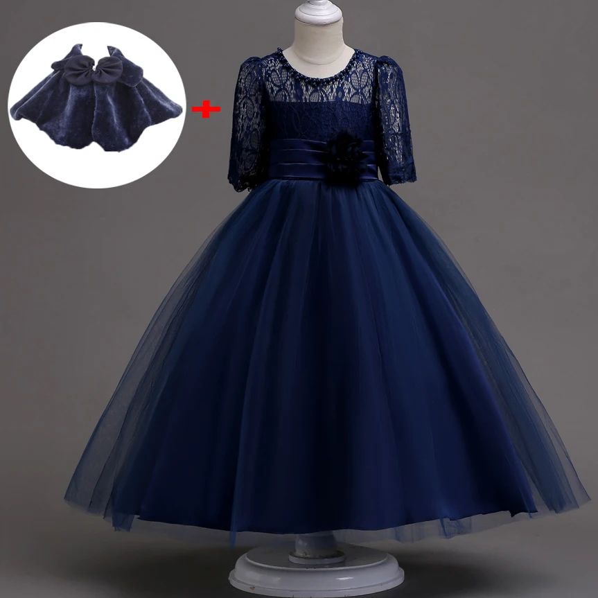 New Evening Lace Pearl Top Girls Party Wedding Dresses for Spring Lace-girls-dress-sleeves White Navy Dress Kids Elegant | Детская