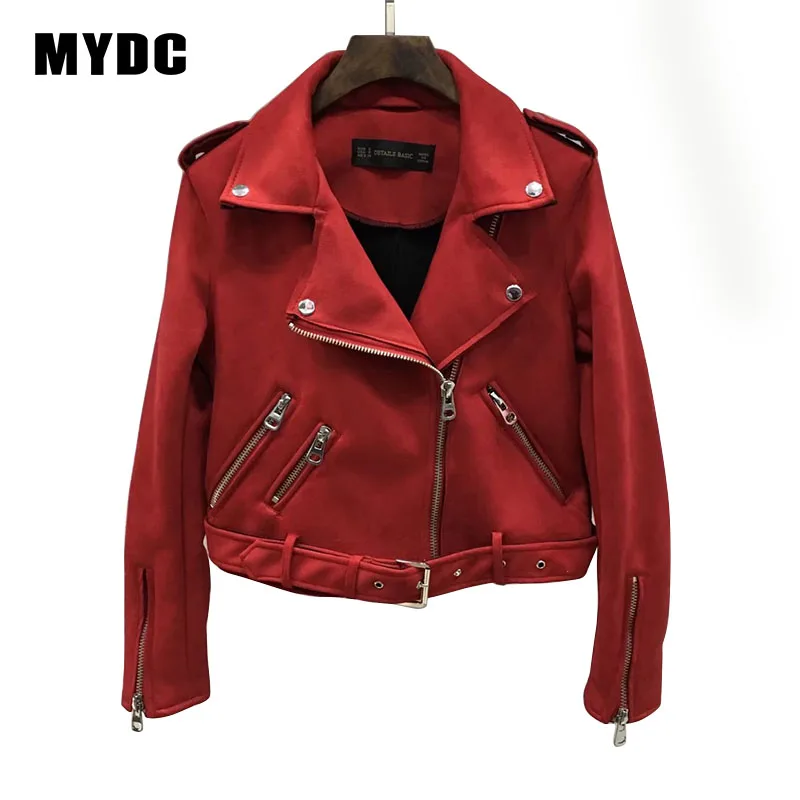 Красный MYDC кожаная куртка, модная, однотонная, короткая, тонкая, длинный рукав, пальто, для женщин, на молнии, пальто, с карманами, верхняя одежда, уличная одежда, новая мода - Цвет: Красный