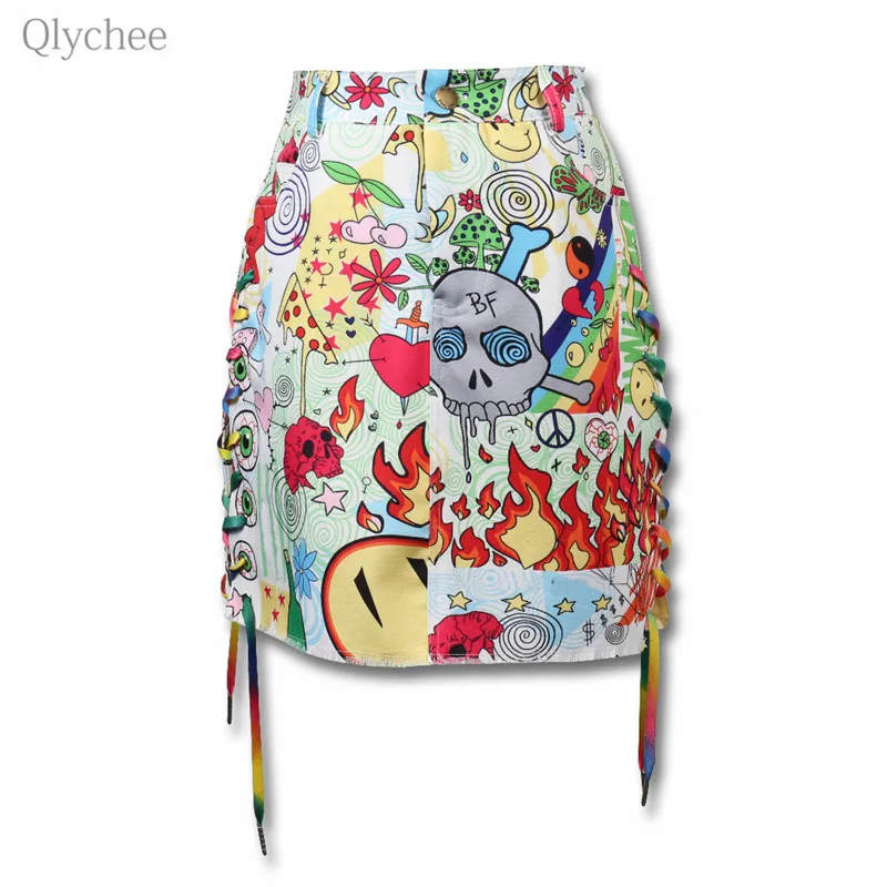 Qlyhchee Cartoon Scrawl Cross Lace Up Skirt Zipper Button Waist Women Mini Skirts Spring Summer Casual Sweet Female Short | Женская