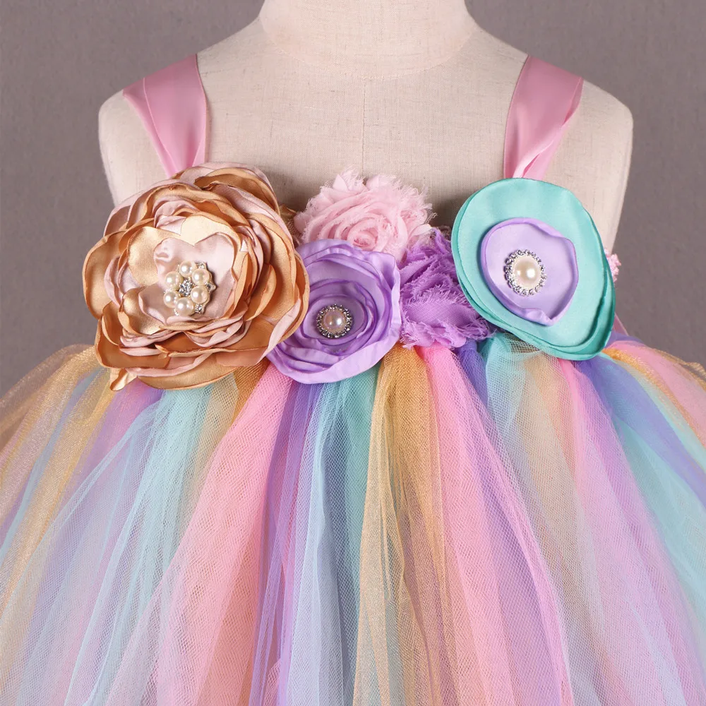 Rainbow Flower Girl Tutu Dress Princess Children Girls Tulle Party Dresses Boutique Kids Pageant Wedding Ball Gown | Детская одежда и