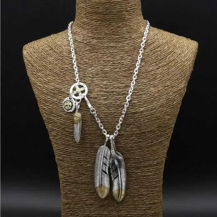 56.9g Solid 925 Sterling Silver Long Necklace Men Vintage Indian Style Gold Eye &amp Claw Feather Charms Designer Jewelry Gifts | Украшения