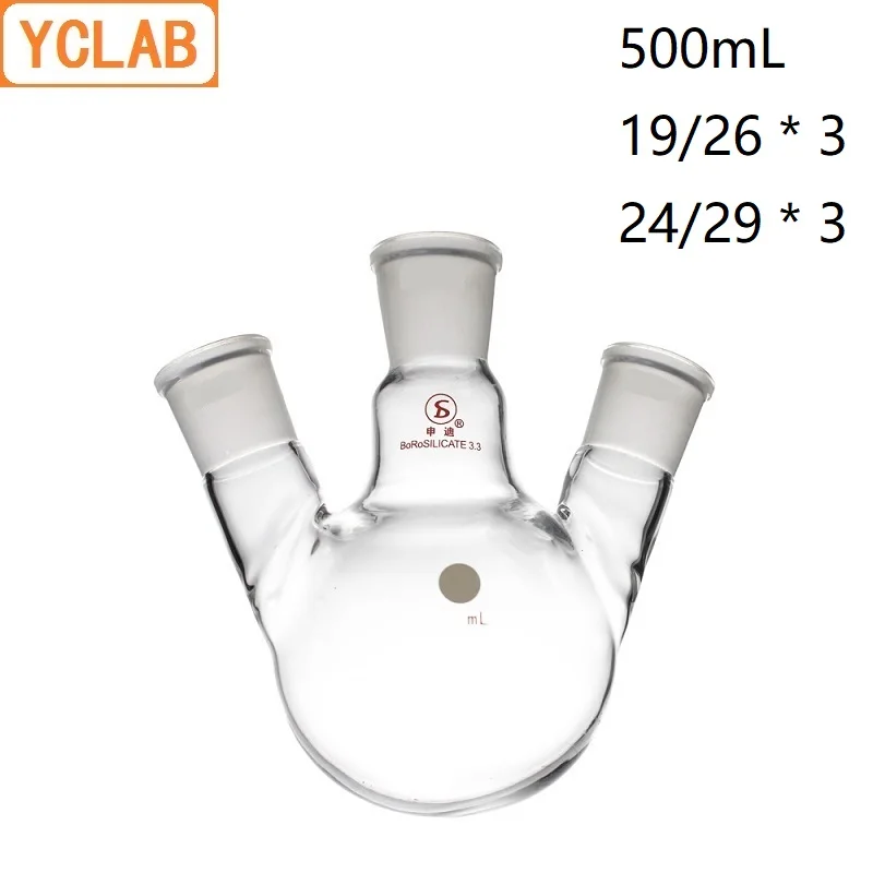 Фото Колба для дистилляции YCLAB 500 мл 19/26*3 и 24/29*3, колба скошенной формы с тремя шейками, стандартная Дистилляция заземленных отверстий №1