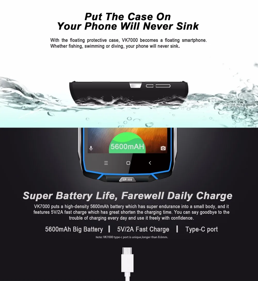Vkworld VK7000 IP68 Водонепроницаемый смартфон 5 2 &quotMTK6750T Octa Core Android 8 0 Беспроводной