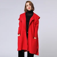 womens loose fashion big pocket thicken hooded coats casual zipper long sleeve elegant coat autumn winter new red trench coat