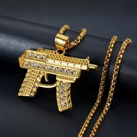 golden gun shape stainless steel necklace pendant with chain for womenmen ices out bling rhinestones hip hop jewelry wholesale