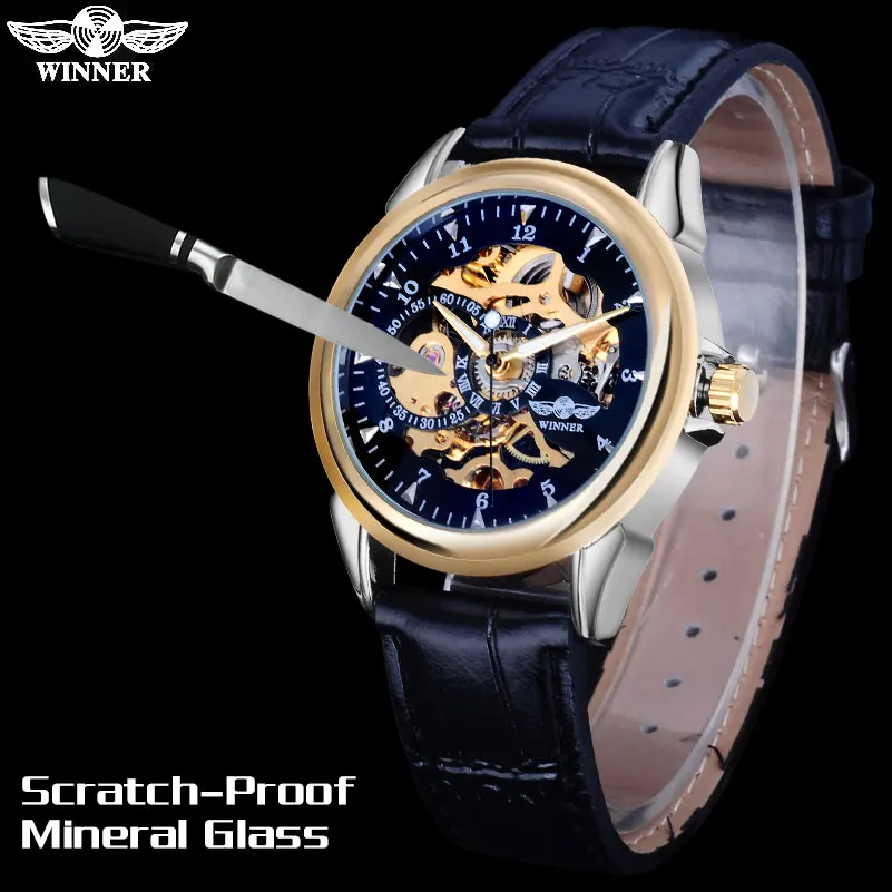 

winner men women fashion military hand wind mechanical skeleton watches male PU leather strap golden black dial back cover glass
