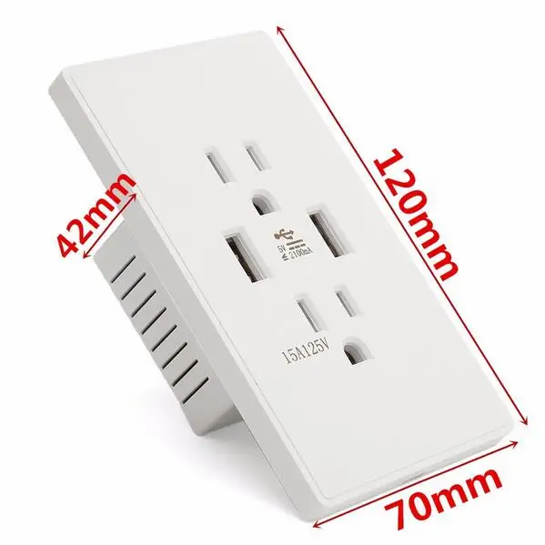 Зарядное устройство для настенной розетки 5V 2A US с двумя USB портами и розеткой для переменного тока 125V 15A, адаптер для подключения питания DC Duplex Charging On.