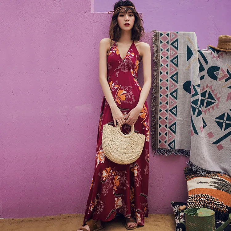 V Neck Long Boho Maxi Woman Dress Beach Summer Vintage Dresses Spaghetti Strap Sleeveless Party Vestido | Женская одежда