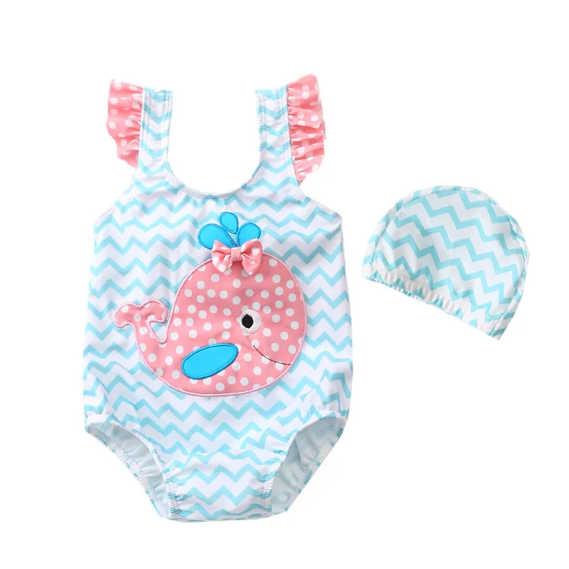 Милый детский купальник с рюшами и рисунком Кита Цельный для маленьких девочек