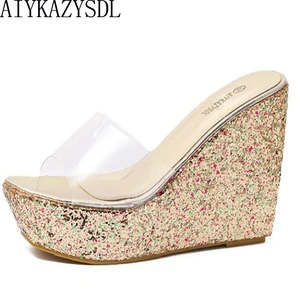 AIYKAZYSDL Прозрачная женская обувь с украшением в виде кристаллов на платформе, с блестками на танкетке на толстой подошве; Сандалии; Туфли на высоком каблуке; Тапочки шлепанцы Летняя Пляжная обувь; Сезон лето