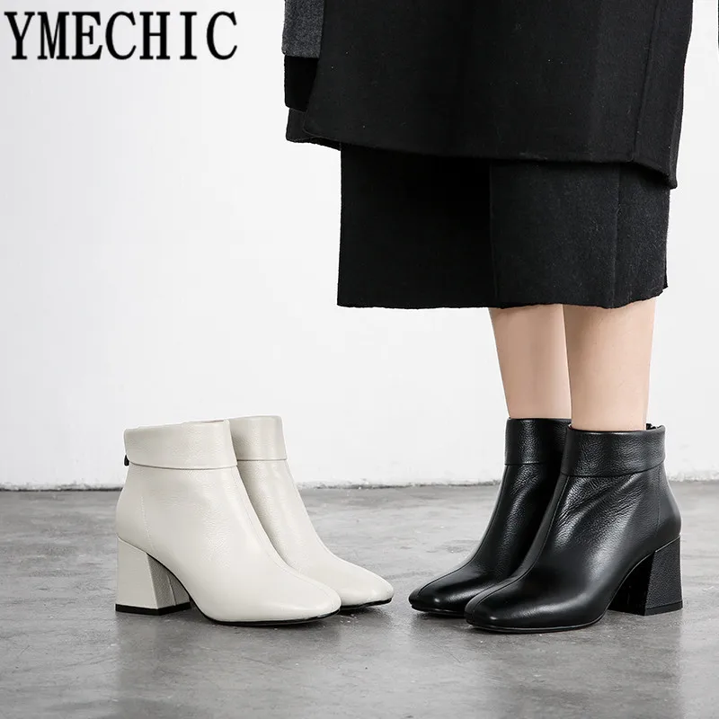 Женские ботильоны из натуральной кожи YMECHIC бежевые черные на высоком каблуке